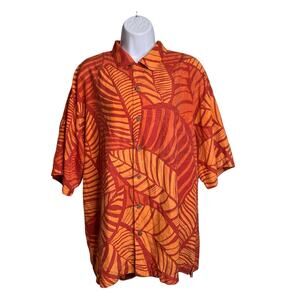 Tommy Bahama Men's Orange Leaf Print Silk Hawaiian Shirt L Casual Resort Beachy